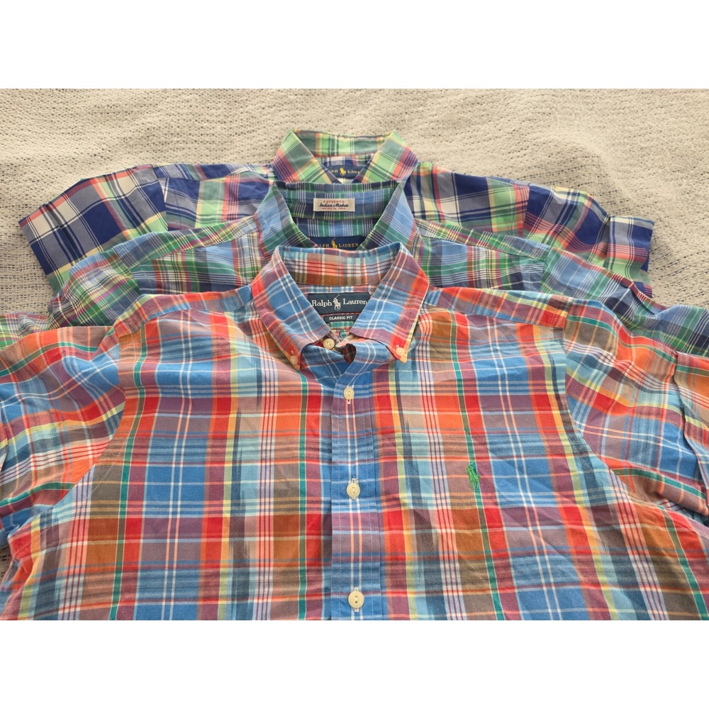 Ralph Lauren Mens Classic Fit Madras Plaid Short Sleeve Button Down Shirt M